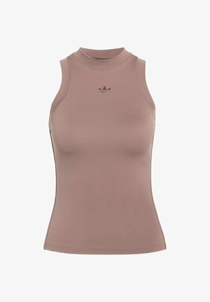 Fialový športový top bez rukávov s vysokým výstrihom, vyrobený z hladkej elastickej tkaniny; má malé čierne logo na hrudi.