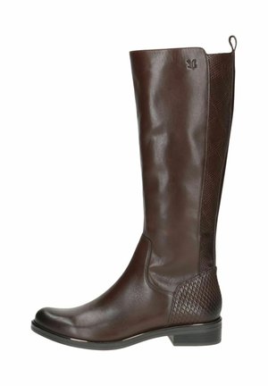 Botte en cuir marron hauteur genou avec une finition lisse, un panneau latéral texturé et un petit talon empilé. Dispose d'une languette en haut pour un enfilage facile.