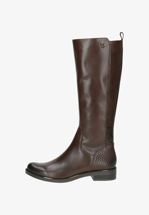 Braune Lederstiefel in kniehoher Ausführung mit glatter Oberfläche, strukturiertem seitlichen Einsatz und niedrigem Blockabsatz. Verfügt über eine Schlaufe an der Oberseite für ein einfaches Anziehen.