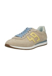 Beige ruskind sneaker med blå snørebånd, gul "49" detalje på siden, hvid sål med grå accent og brun gummiydersål.