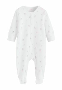 Witte babyromper met lange mouwen, voetjes en een ritssluiting aan de voorkant, versierd met kleine roze en grijze feeënpatronen.