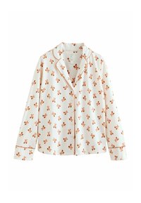 White long-sleeve pajama shirt with orange teddy bear pattern. Features contrasting piping along the collar and cuffs. Soft fabric texture.