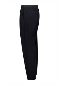 Black tapered trousers with an elastic waistband, side pockets, and a single back pocket, featuring a smooth cotton fabric texture.