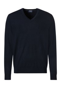 Marineblauwe v-hals trui met lange mouwen, lichte stof, ribgebreide manchetten en zoom, en een gladde textuur. Eenvoudig ontwerp zonder patronen.