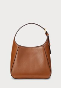 Brown leather shoulder bag with a rounded shape, featuring a single handle and subtle stitching detailing. Gold-tone hardware accent.
