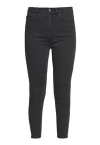 Jeans skinny negros hechos de denim con cintura alta, que cuentan con bolsillos frontales y una textura suave, con una silueta ajustada y sin adornos.