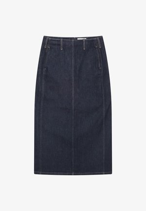 Jeans-Bleistiftrock in dunklem Indigo mit geradem Schnitt, ausgestattet mit vier Gürtelschlaufen, vorderen Nähten und Kontrastnähten.