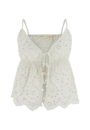 Débardeur blanc sans manches en dentelle avec motifs floraux ajourés, bretelles réglables, lien à l'avant avec accents de perles dorées et ourlet festonné, taille petite.