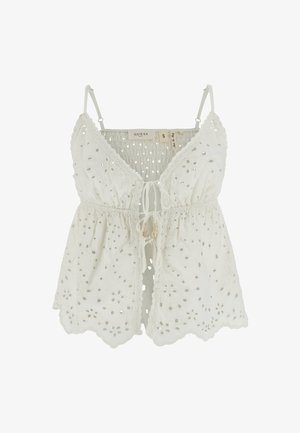 Weißes ärmelloses Spitzentanktop mit floralen Ausschnittmustern, verstellbaren Trägern, vorderer Schleife mit goldenen Perlenakzenten und gezacktem Saum, Größe klein.