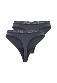Donker marineblauwe thong ondergoedset met kant langs de tailleband, gemaakt van zachte, rekbare stof. Twee paar tentoongesteld.