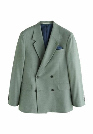 Double-breasted gray blazer with notch lapels, two front flap pockets, four-button cuffs, and a navy blue pocket square in the chest pocket.