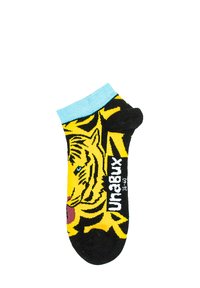 Calzini neri alla caviglia con design di tigre gialla, bordo turchese e logo "UraBux" in bianco, con un motivo a maglia texturizzato.