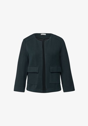 Ciemnozielona kurtka z okrągłym dekoltem, otwartym przodem, dwoma przednimi kieszeniami i rękawami 3/4; gładka faktura i minimalistyczny design.