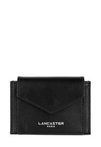 Black leather wallet with a textured finish, flap closure, and embossed "Lancaster Paris" logo. Features stitching details and compact design.