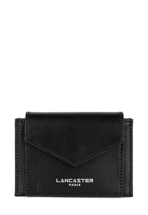 Black leather wallet with a textured finish, flap closure, and embossed "Lancaster Paris" logo. Features stitching details and compact design.