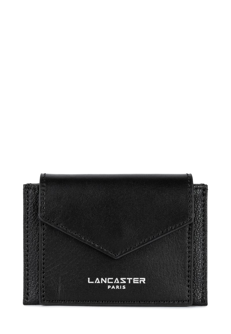 Black leather wallet with a textured finish, flap closure, and embossed "Lancaster Paris" logo. Features stitching details and compact design.