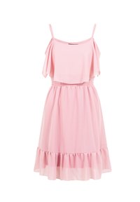 Robe rose sans manches avec fines bretelles, taille élastique, corsage superposé et ourlet à volants.