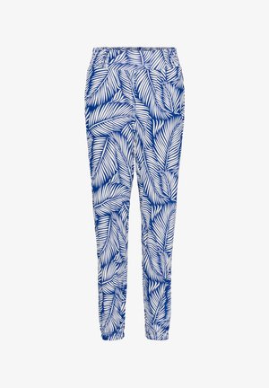 Pantaloni cu model albastru și alb, prezentând un design cu frunze, cu talie elastică și manșete conique, confecționați dintr-un material ușor și respirabil.