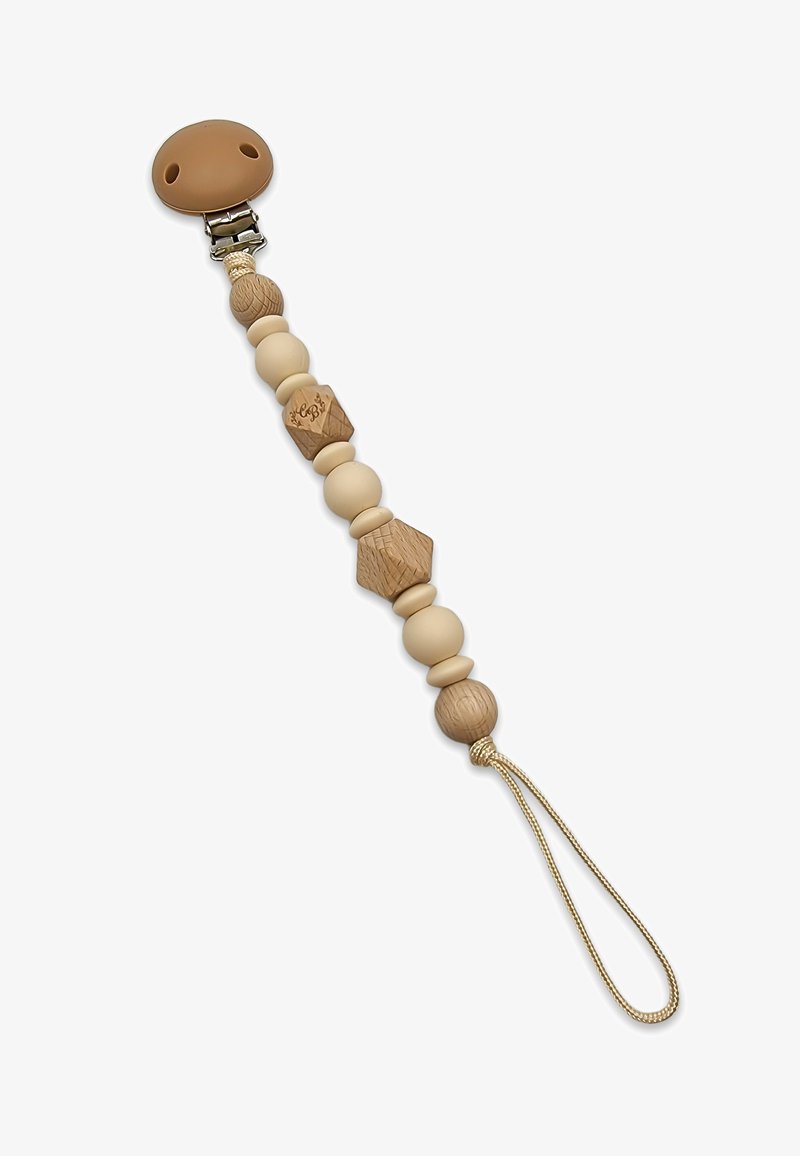 Un clip de sucette avec des perles en bois et en silicone dans des tons naturels et beiges, comprenant un clip, une boucle et un détail en perle hexagonale.