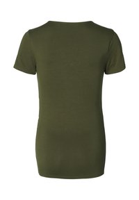 Olivgrön t-shirts med kort ärm och rund halsringning, tillverkad av mjukt bomullsblandat tyg, med en slät textur och enkelt design.