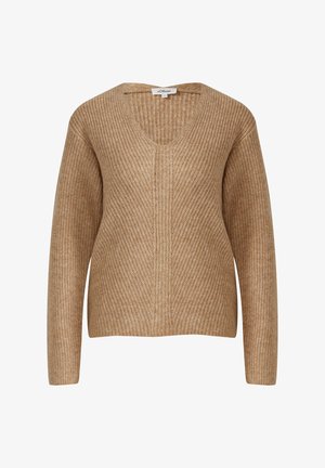 Bežový rebrovaný pletený sveter s dlhými rukávmi a výstrihom do V, ktorý sa vyznačuje centrálnym vertikálnym pleteným vzorom.