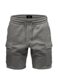 Graue Baumwollshorts mit elastischem Bund, Kordelzugverschluss, seitlichen Taschen und lockerer Passform. Weiche Textur und lässiges Design.