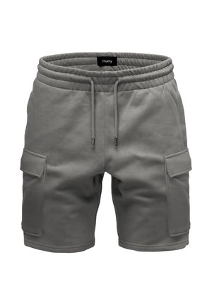 Graue Baumwollshorts mit elastischem Bund, Kordelzugverschluss, seitlichen Taschen und lockerer Passform. Weiche Textur und lässiges Design.