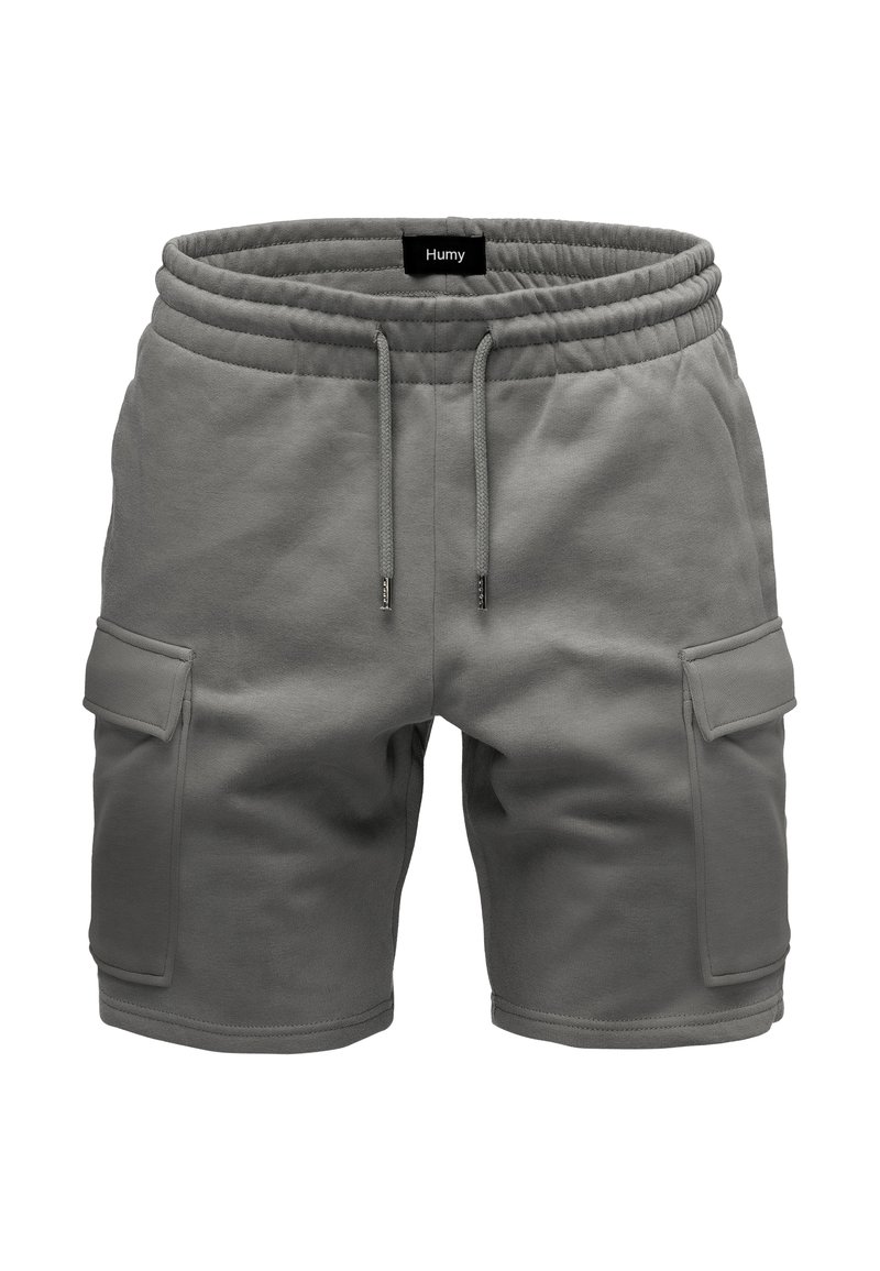 Graue Baumwollshorts mit elastischem Bund, Kordelzugverschluss, seitlichen Taschen und lockerer Passform. Weiche Textur und lässiges Design.