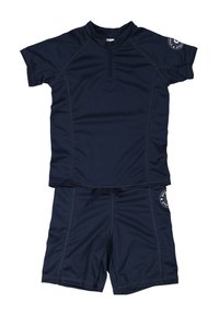 Marinblå rash guard med kort ärm och shorts-set. Tillverkad av stretchigt, snabbtorkande material med dragkedja i halsen och logodetaljer.