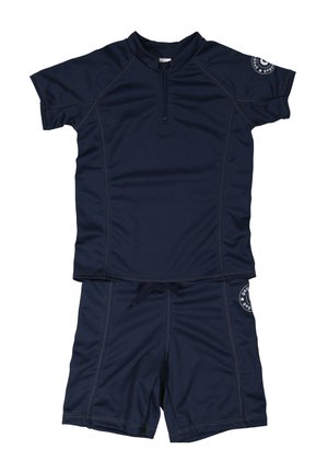 Navy blue short-sleeve rash guard and shorts set. Made from stretchy, quick-drying material with a zippered neck and logo accents.