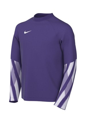 Langärmliges violettes Sporttop mit geripptem Kragen, weißem Nike-Logo auf der Brust und diagonalen weißen und hellvioletten Streifen an den Ärmeln.