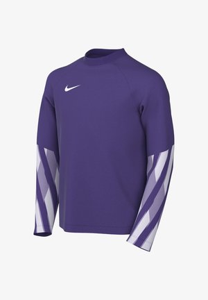 Langærmet lilla sportstop med ribbet krave, hvid Nike-logo på brystet og diagonale hvide og lyse lilla striber på ærmerne.