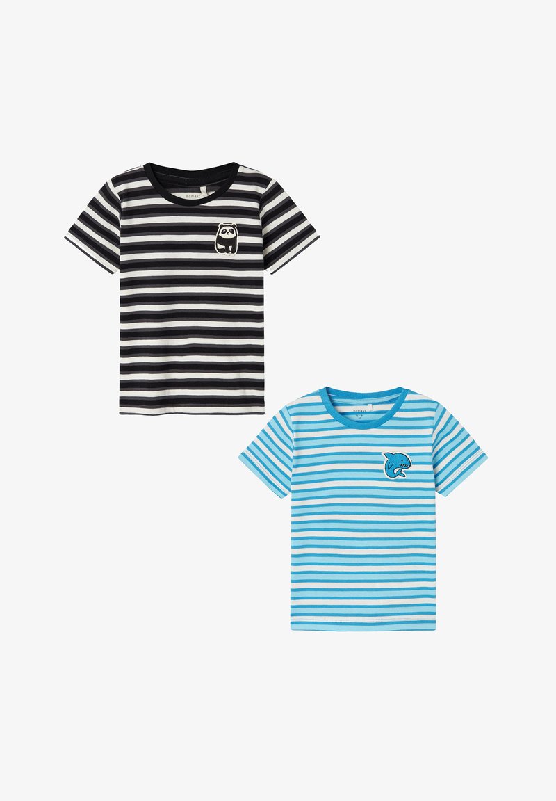 Two t-shirts: one black and white striped with a panda graphic, one blue and white striped with a shark graphic. Both have short sleeves.