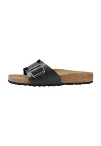 Sandalo slide in pelle nera con footbed in sughero, fascia regolabile con fibbia in argento e suola in gomma texturizzata per una buona aderenza.