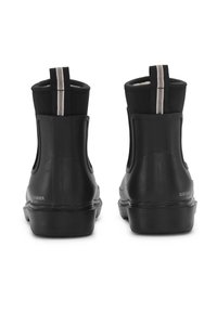 Schwarze Gummistiefel bis zum Knöchel mit strukturiertem Profil, elastischen Seiten und grau-braunen gestreiften Akzenten an der hinteren Schlaufe.