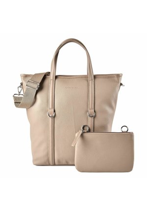 Borsa tote in pelle beige con trama, dotata di doppi manici, tracolla regolabile e piccola pochette coordinata con cerniera e anelli in metallo.