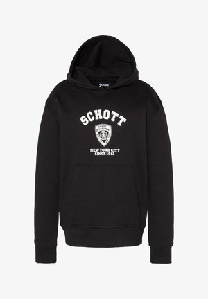 Sudadera negra con capucha y bolsillo frontal, con un logo de texto blanco y un diseño de escudo. Fabricada con una tela suave y con puños y dobladillo acanalados.