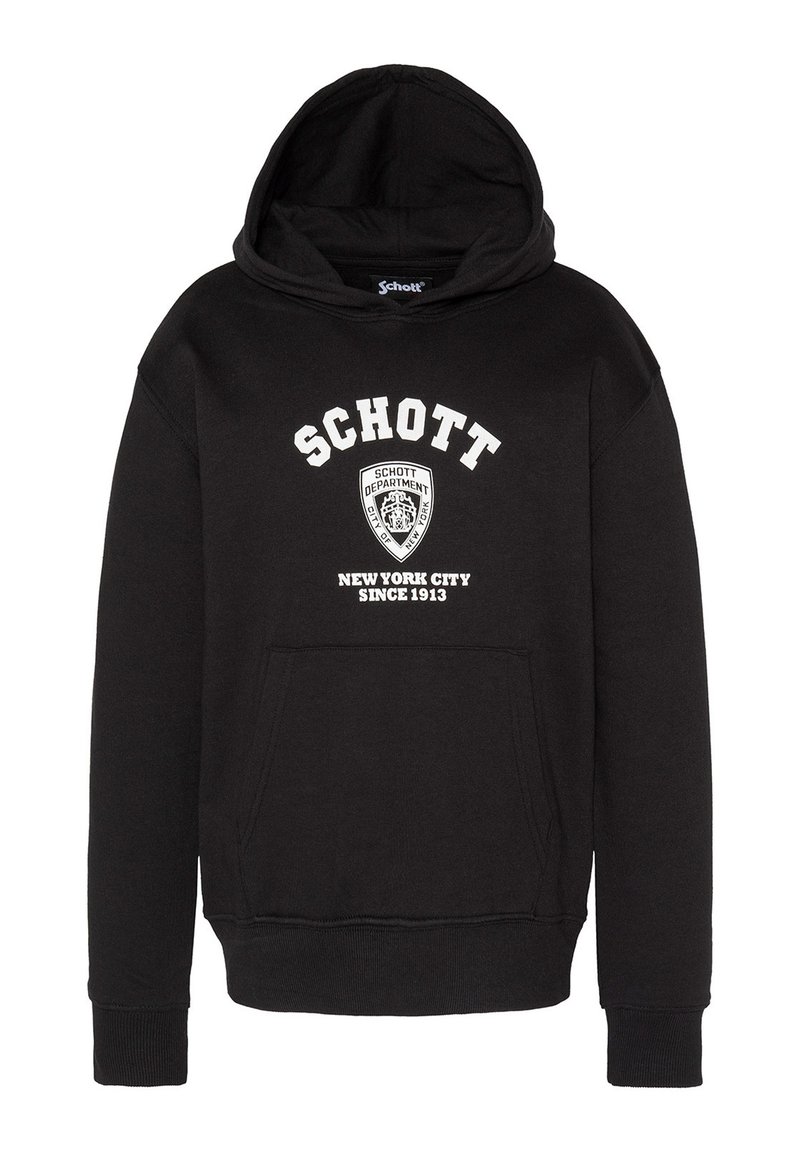 Felpa nera con cappuccio e tasca frontale, caratterizzata da un logo testuale bianco e un design a scudo. Realizzata in tessuto morbido con polsini e orlo a coste.