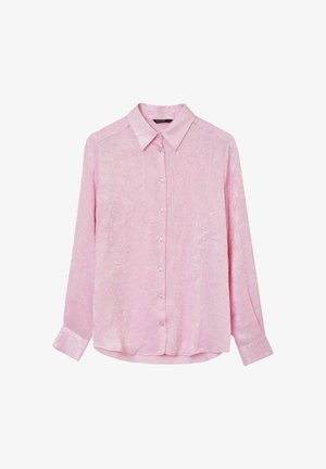 Long-sleeve light pink shirt with a textured finish, button-front, classic collar, and cuffs, featuring a slightly relaxed fit.