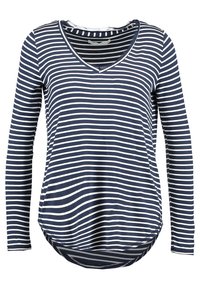 Maglietta a maniche lunghe a righe blu navy e bianche con scollo a V, in tessuto morbido, orlo curvo e vestibilità rilassata. Presenta righe orizzontali.