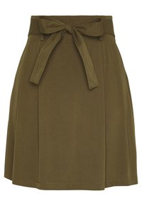 Olivgrüner Rock mit einer Schluppe an der Taille, mit Falten und einer glatten Textur. Kurze Länge, aus leichtem Stoff gefertigt.