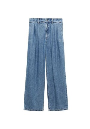 Light blue denim trousers with a loose, wide-leg design. Features front pleats, a button and zipper closure, and frayed hems.
