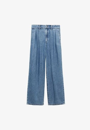Pantaloni din denim albastru deschis cu un design lejer și cu picioare largi. Prezentând pliuuri frontale, închidere cu nasture și fermoar, și margini desfăcute.