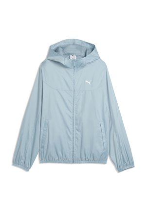 Hellblaue winddichte Kapuzenjacke mit durchgehendem Frontreißverschluss, Seitentaschen, elastischen Bündchen und weißem Puma-Logo auf der Brust.
