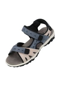 Sport sandaler med en grå och beige färgsättning, justerbara remmar, perforerat mönster och en strukturerad svart sula för bra grepp.