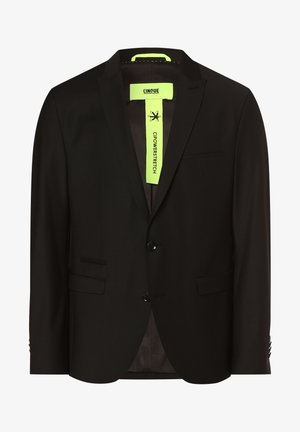 Black blazer with notch lapels, single-button front, two side pockets, and neon green inner label, made from stretch fabric for comfort.