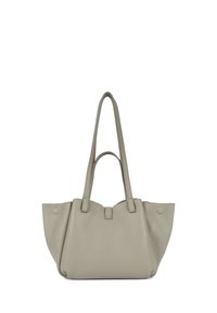 Borsa a mano in pelle grigia con due manici, tessitura morbida, design con apertura superiore, caratterizzata da bordi arrotondati e un'estetica minimalista.