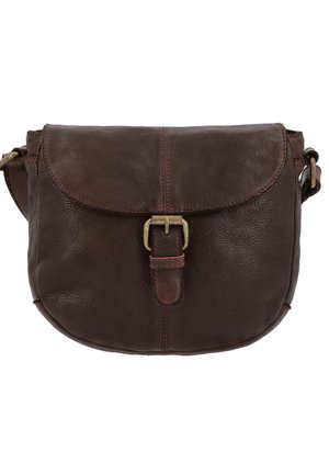 Dunkelbraune Leder-Umhängetasche mit abgerundetem Klappverschluss und Messingschnallenverschluß, mit verstellbarem Schultergurt.