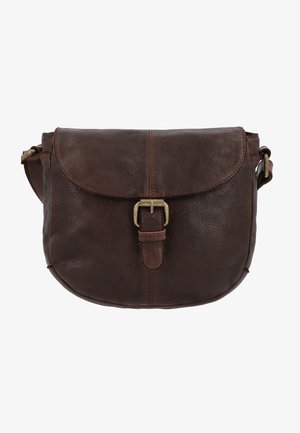 Dunkelbraune Leder-Umhängetasche mit abgerundetem Klappverschluss und Messingschnallenverschluß, mit verstellbarem Schultergurt.