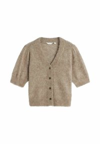 Ljusbrun kortärmad kofta, gjord av mjukt, luddigt material. Har en v-ringning och sex mörka knappar framtill.